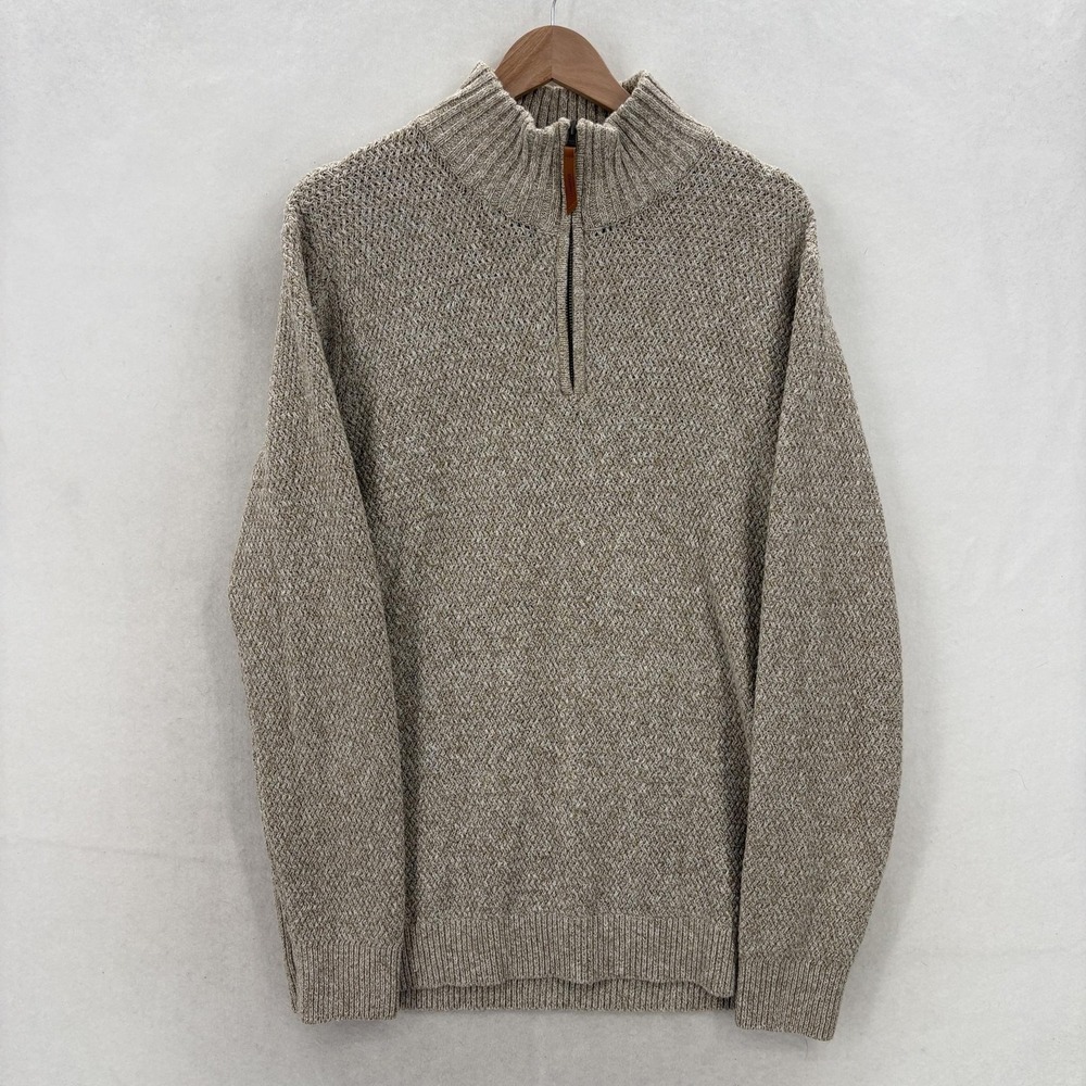 7 Diamonds Turnberry Sweater Mens Large Beige Cotton 1/4 Zip Mock Neck Knit
